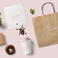 Pink flatlay coffee donut and shopping bag